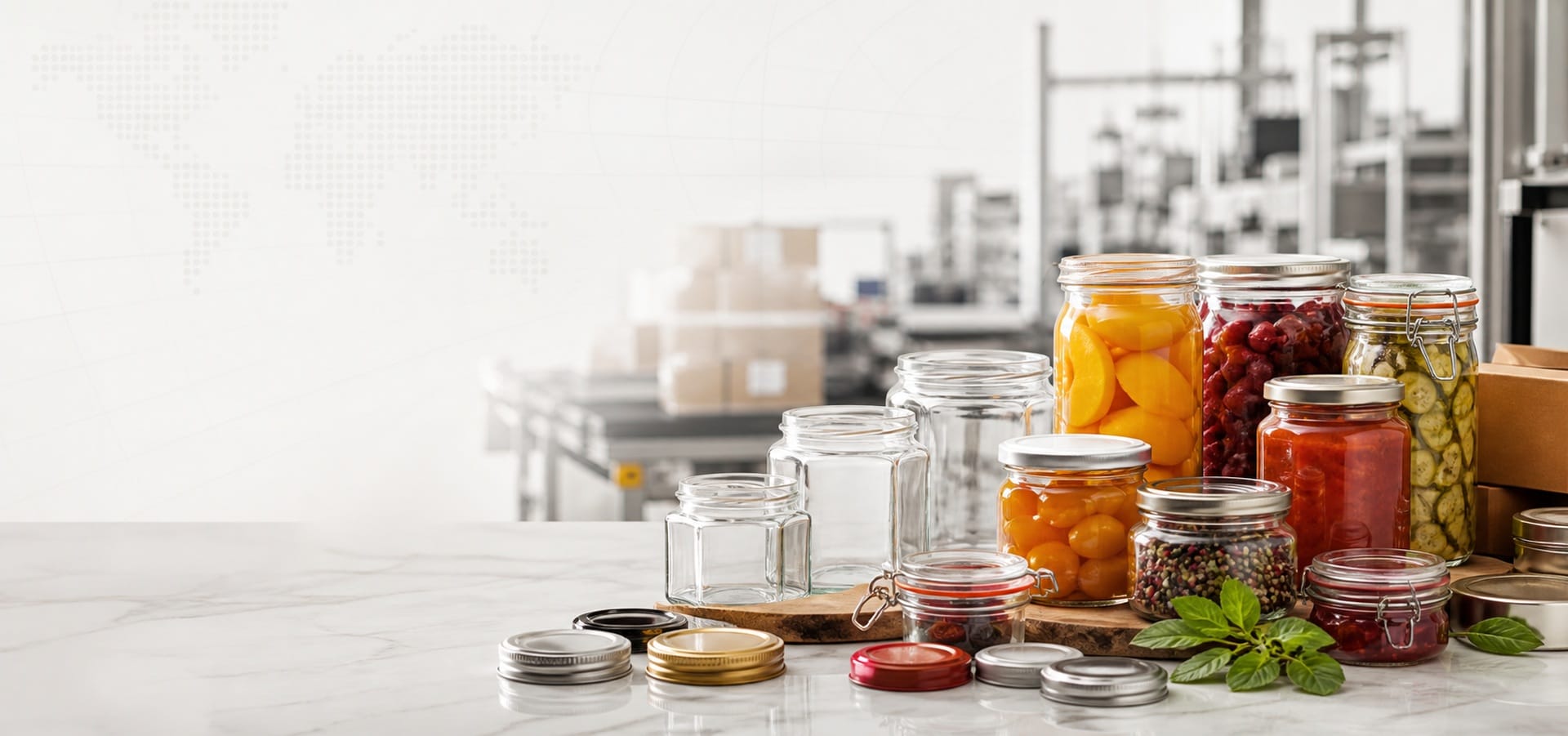 Glass jars of preserved fruits and vegetables with metal and glass closures on a marble counter, a production line behind — packaging supplied by Bannex